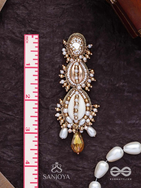Samudrika- The Marine Magic- Shells, Beads, Pearl And Glass Drops Hand Embroidered Earrings