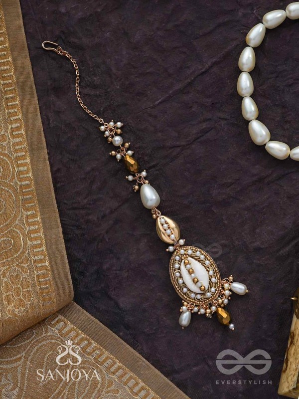 Himaabh- The Sea Frost- Shell, Beads, Pearl And Glass Drops Hand Embroidered Maangtika
