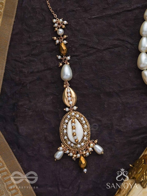 Himaabh- The Sea Frost- Shell, Beads, Pearl And Glass Drops Hand Embroidered Maangtika