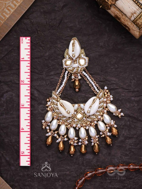 Artharasi- The Shimmering Wealth- Shells, Beads, Pearl And Glass Drops Hand Embroidered Earrings