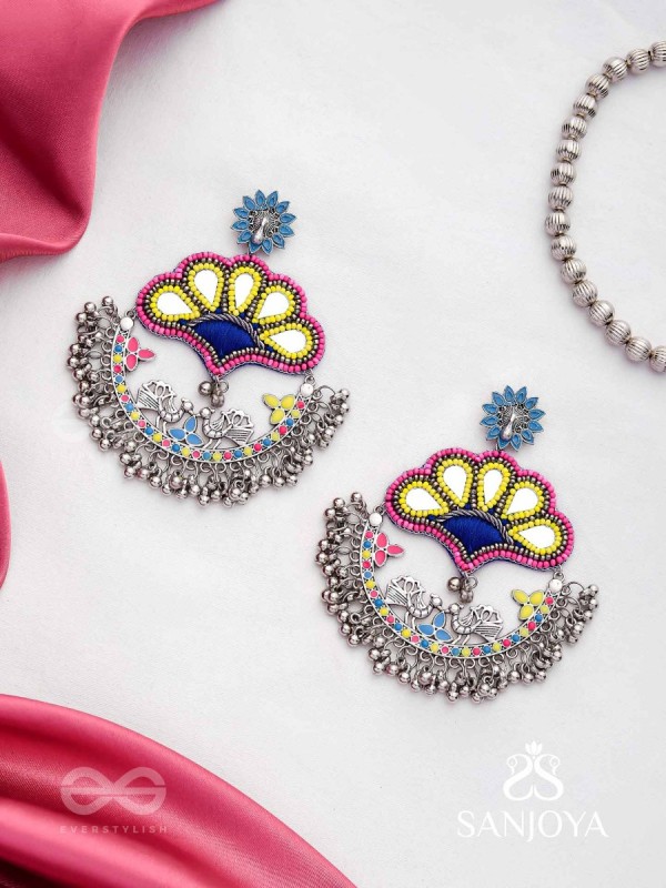 Sadhrit- The Peacock Romance- Resham And Beads Hand Embroidered Oxidised Earrings