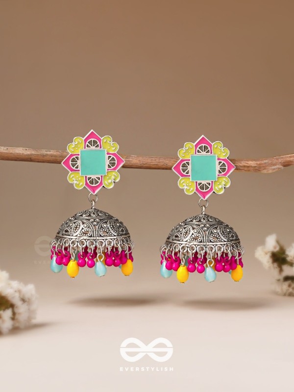 The Flowers Of Spring - Enamelled Oxidised Jhumka Earrings