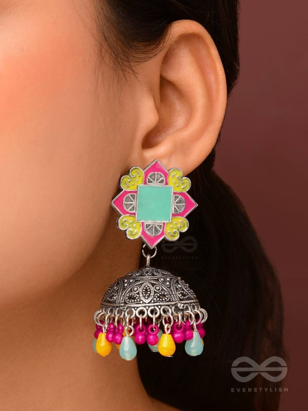 The Flowers Of Spring - Enamelled Oxidised Jhumka Earrings