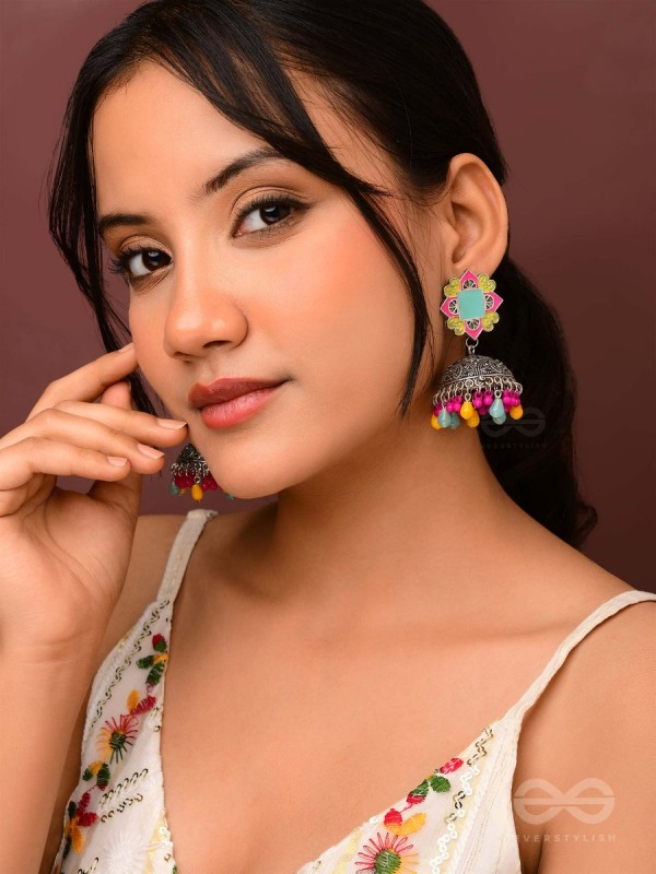 The Flowers Of Spring - Enamelled Oxidised Jhumka Earrings