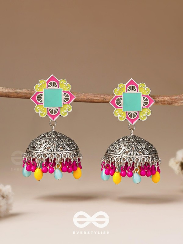 The Flowers Of Spring - Enamelled Oxidised Jhumka Earrings