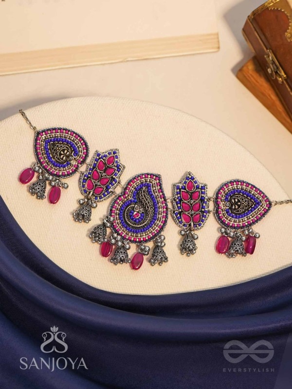 Strimaye - The Passionate Femininity - Beads And Stones Hand Embroidered Oxidised Neckpiece