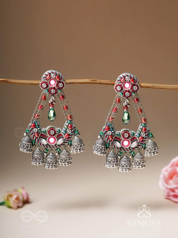 Upkaran- The Insignia Of Royalty- Beads, Dabka And Mirror Hand Embroidered Oxidised Earrings