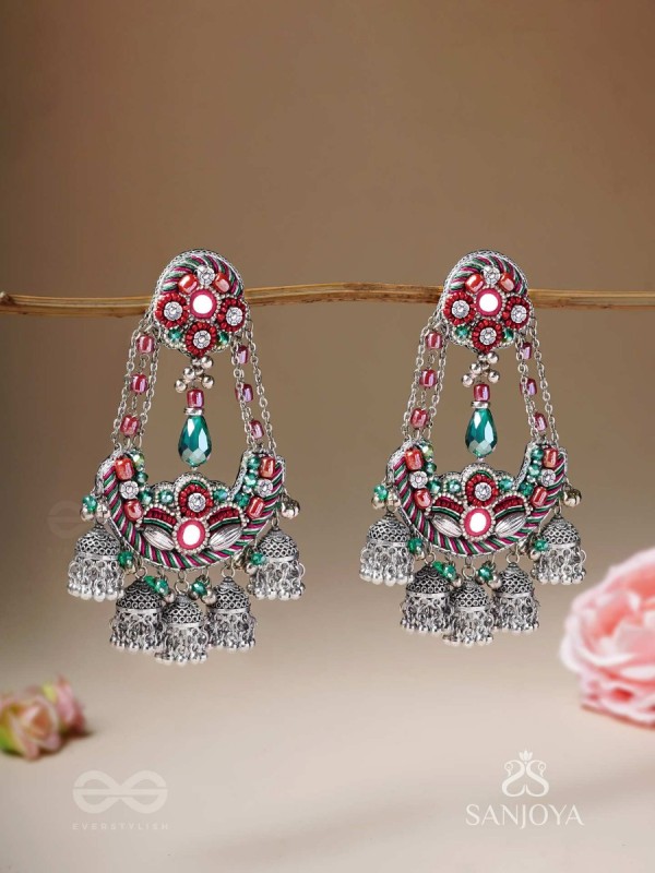 Upkaran- The Insignia Of Royalty- Beads, Dabka And Mirror Hand Embroidered Oxidised Earrings