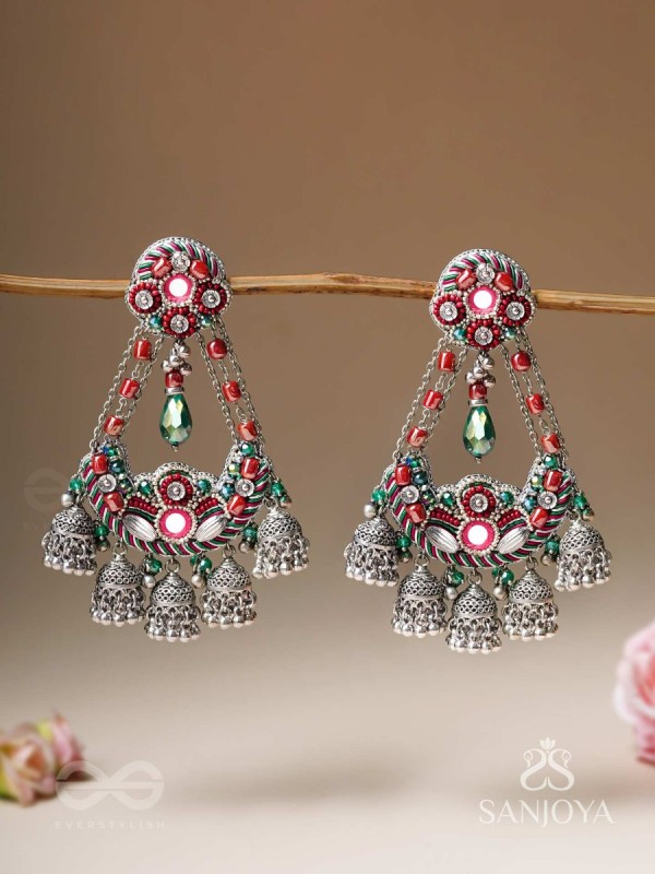 Upkaran- The Insignia Of Royalty- Beads, Dabka And Mirror Hand Embroidered Oxidised Earrings