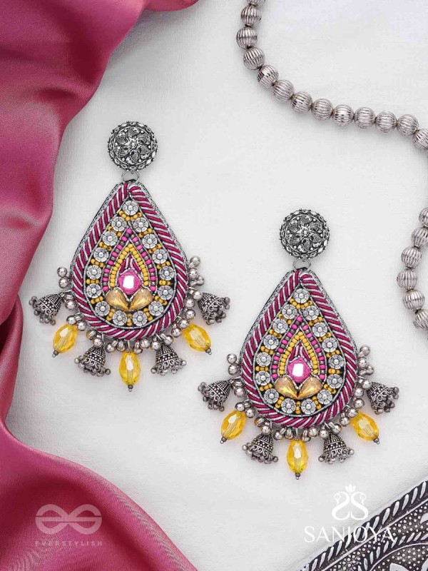 Jatimaha- The Festive Evening- Stones, Beads And Glass Drops Hand Embroidered Oxidised Earrings
