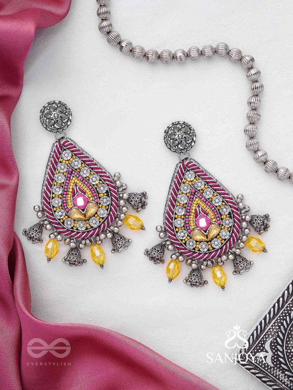 Jatimaha- The Festive Evening- Stones, Beads And Glass Drops Hand Embroidered Oxidised Earrings