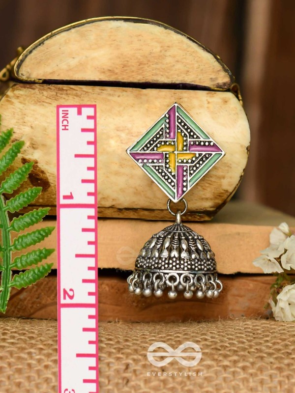 The Dazzled Chakravyuh- Enamelled Oxidised Jhumka Earrings