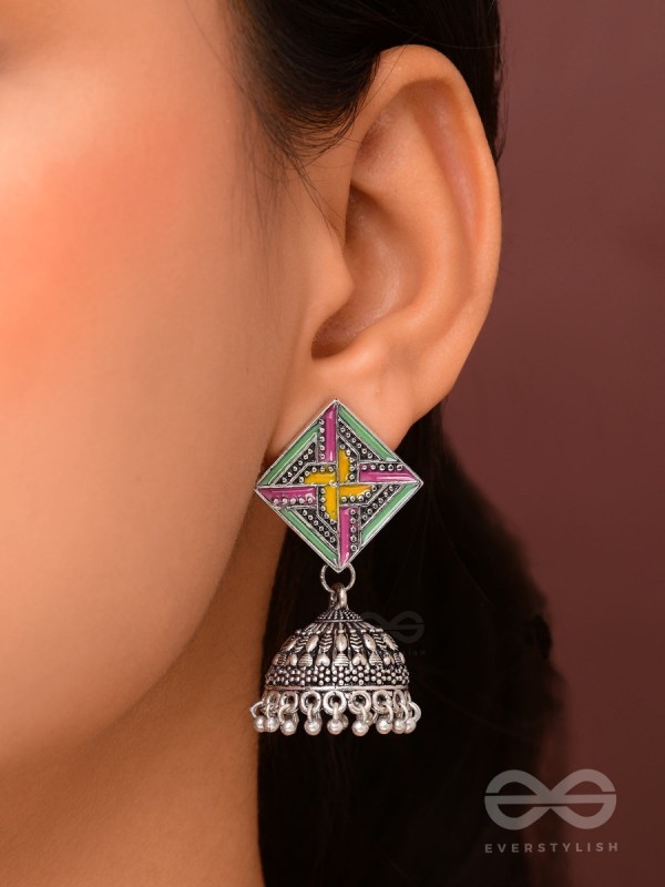 The Dazzled Chakravyuh- Enamelled Oxidised Jhumka Earrings