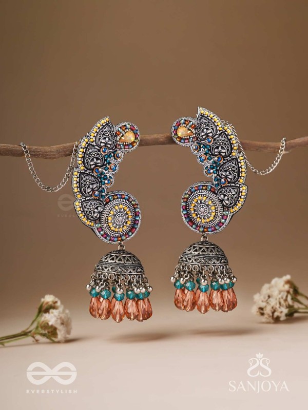 Kalaap- The Peacock's Tail- Beads And Glass Drops Hand Embroidered Oxidised Jhumka Earrings