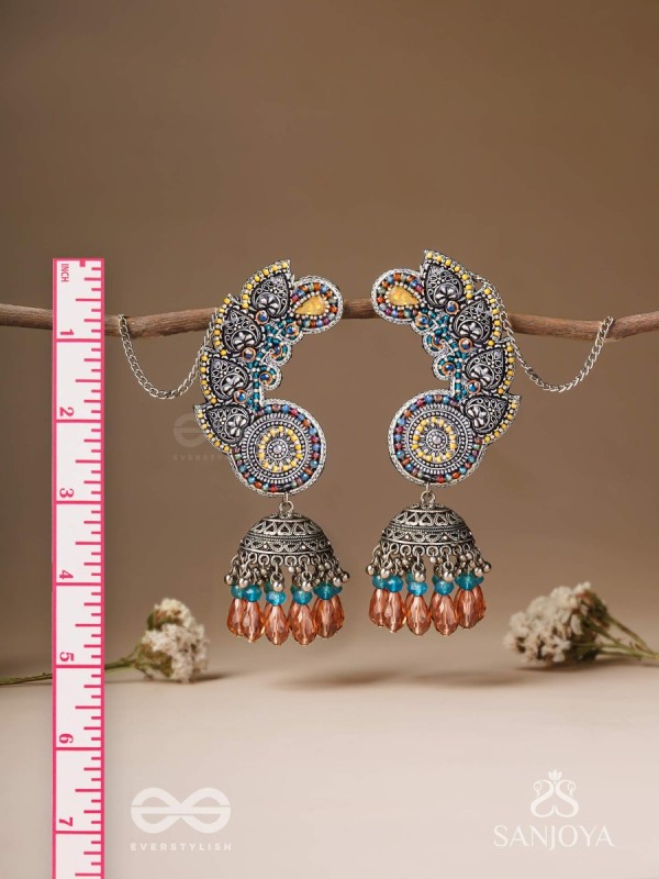 Kalaap- The Peacock's Tail- Beads And Glass Drops Hand Embroidered Oxidised Jhumka Earrings