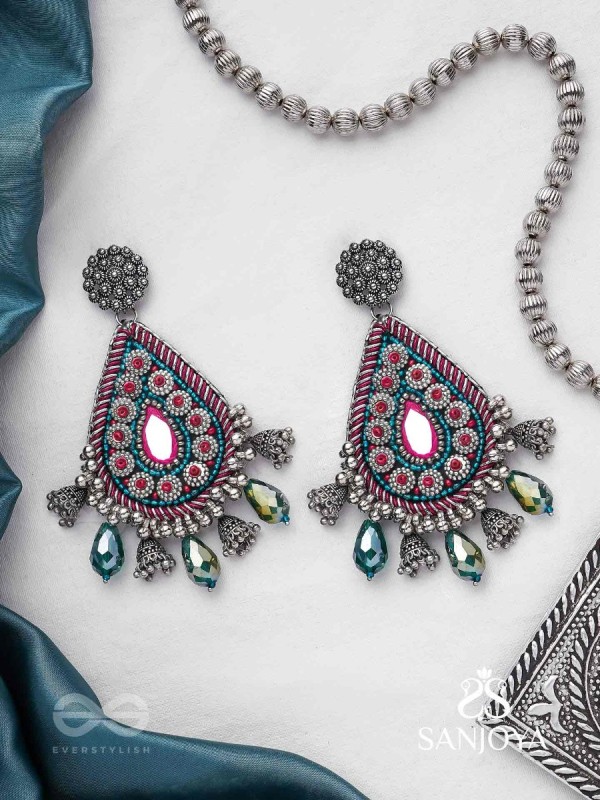 Abaddh - The Capricious Merries - Beads And Glass Drops Hand Embroidered Oxidised Earrings
