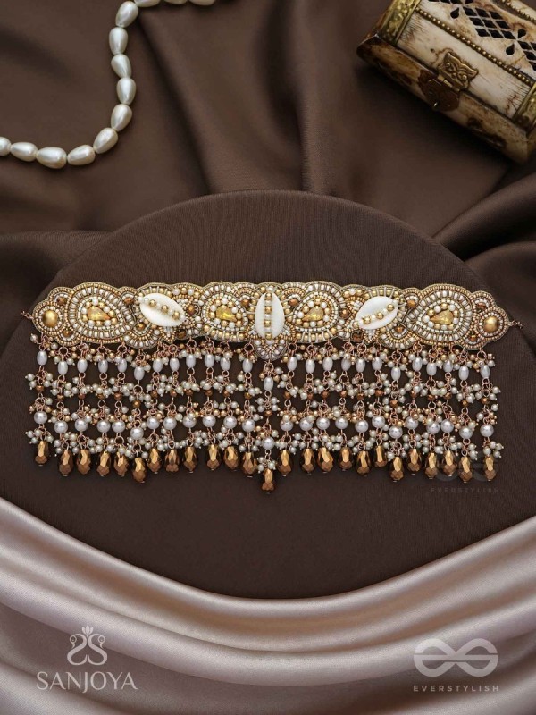 Prishit - Remnants Of The Raindrops- Stones, Beads, Glass Drops And Shells Hand Embroidered Choker Neckpiece