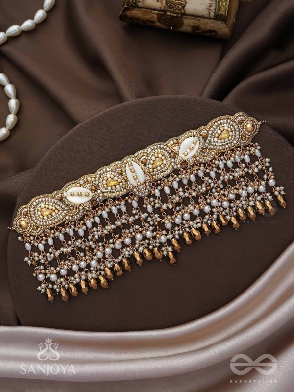 Prishit - Remnants Of The Raindrops- Stones, Beads, Glass Drops And Shells Hand Embroidered Choker Neckpiece