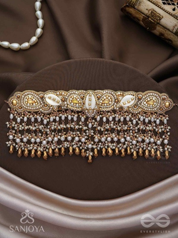 Prishit - Remnants Of The Raindrops- Stones, Beads, Glass Drops And Shells Hand Embroidered Choker Neckpiece