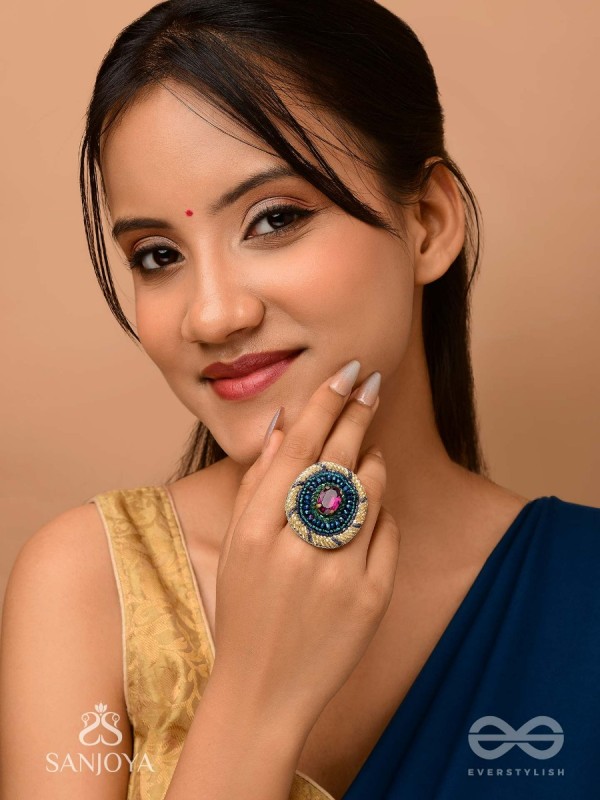 Rajavarta - The Amethyst Luck- Stone And Cutdana Hand Embroidered Ring (Adjustable)