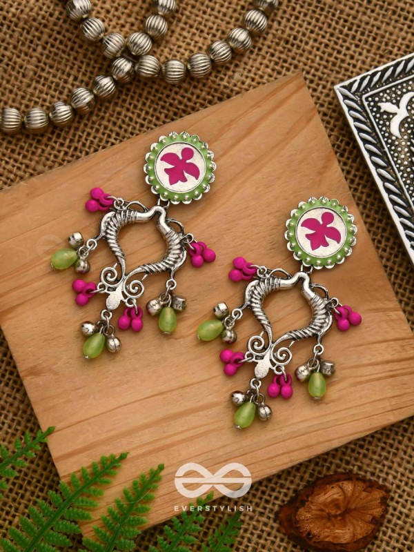 The Bougainvillea Forest- Enamelled Oxidised Ear Jackets