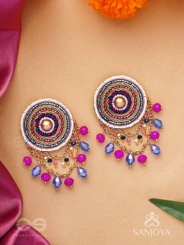 Adrija- The Fresh Soul- Dabka, Cutdana And Glass Drops Hand Embroidered Earrings