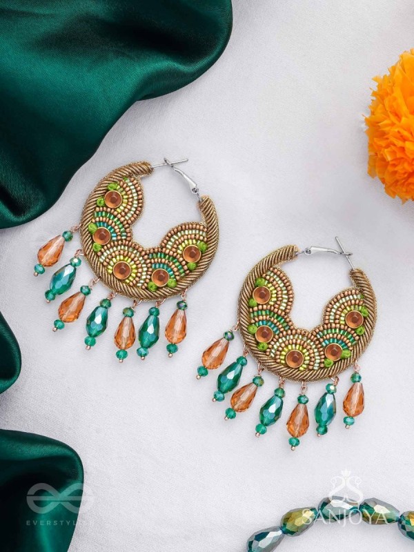 Kaldhvani - The Peacock Chirps - Stones, Beads And Glass Drops Hand Embroidered Hoop Earrings