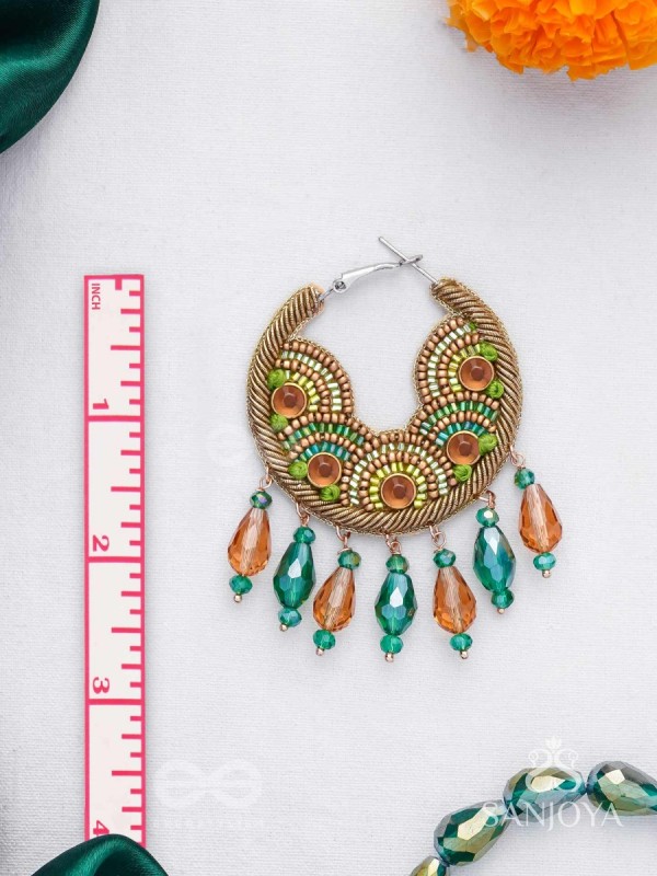 Kaldhvani - The Peacock Chirps - Stones, Beads And Glass Drops Hand Embroidered Hoop Earrings