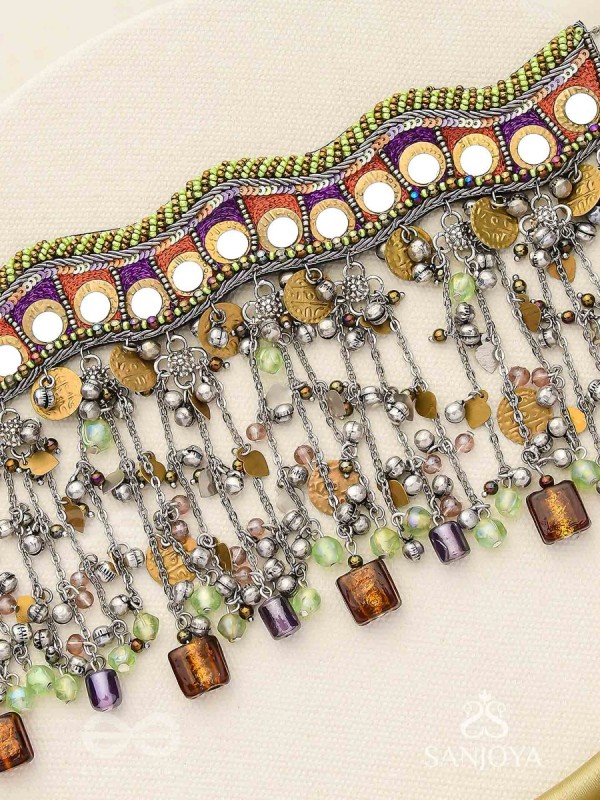 Dhaanshri- The Entrancing Music- Mirror, Beads And Coins Hand Embroidered Oxidised Choker Neckpiece