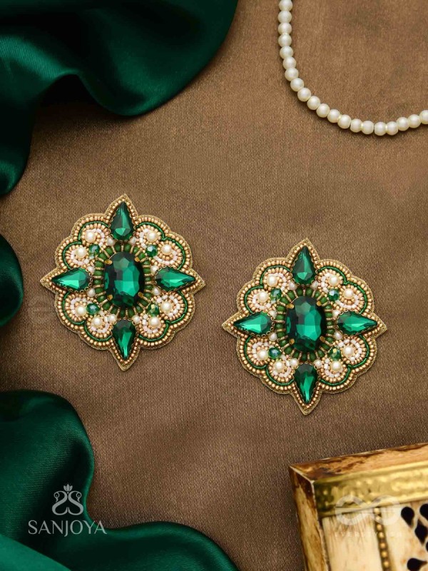 Indranilak- The Emerald Fascination- Stones And Beads Hand Embroidered Earrings