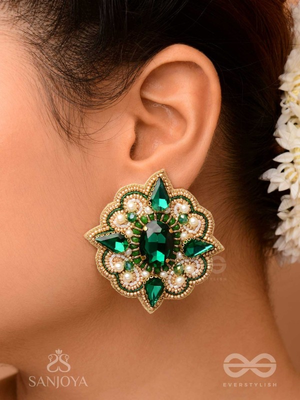 Indranilak- The Emerald Fascination- Stones And Beads Hand Embroidered Earrings