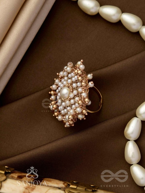 Atimukta- The Pearly Proposal- Pearl And Beads Hand Embroidered Golden Ring (Adjustable)