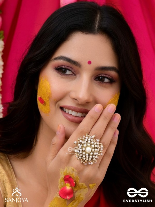 Atimukta- The Pearly Proposal- Pearl And Beads Hand Embroidered Golden Ring (Adjustable)