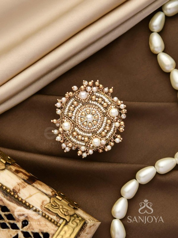 Atisrishti- The Dreamy Creation- Pearls And Beads Hand Embroidered Golden Ring (Adjustable)