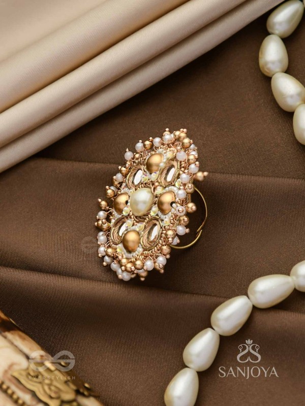 Darpanmaye- The Ornate Mirrors- Mirror, Resham And Beads Hand Embroidered Golden Ring (Adjustable)