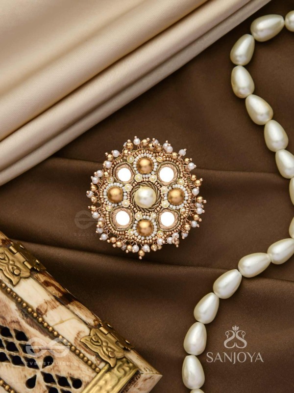 Darpanmaye- The Ornate Mirrors- Mirror, Resham And Beads Hand Embroidered Golden Ring (Adjustable)