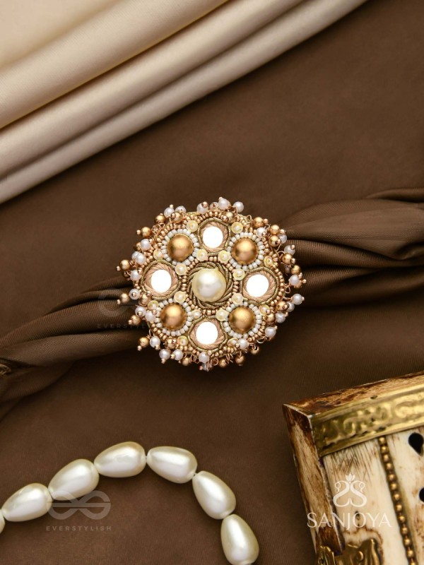 Darpanmaye- The Ornate Mirrors- Mirror, Resham And Beads Hand Embroidered Golden Ring (Adjustable)