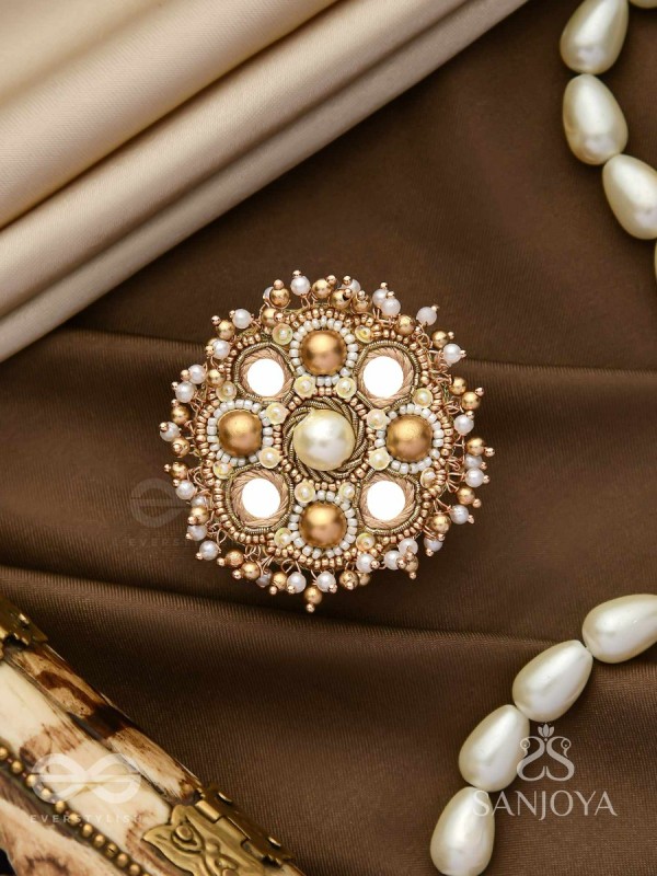 Darpanmaye- The Ornate Mirrors- Mirror, Resham And Beads Hand Embroidered Golden Ring (Adjustable)