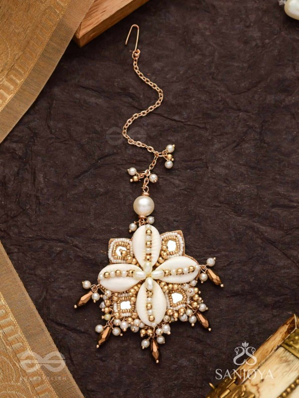 Jalkam- The Shell Cluster- Mirrors, Shells And Beads Hand Embroidered Maangtika