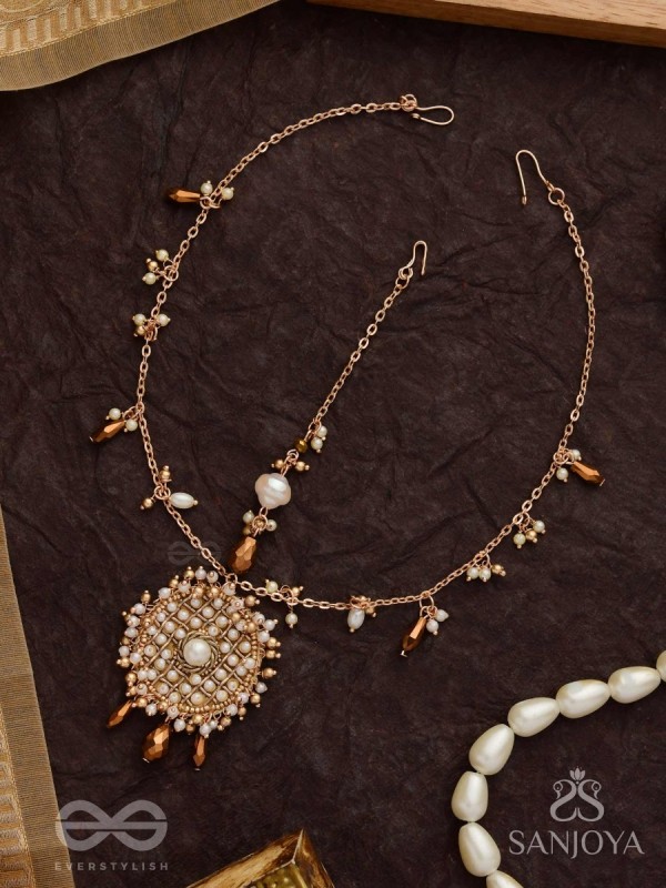 Vilsat- The Exquisite Mesh- Pearl, Beads And Glass Drops Hand Embroidered Maangtika