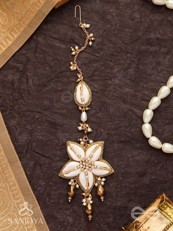 Stimit - The Cowrie Calm- Shells, Beads And Glass Drops Hand Embroidered Maangtika