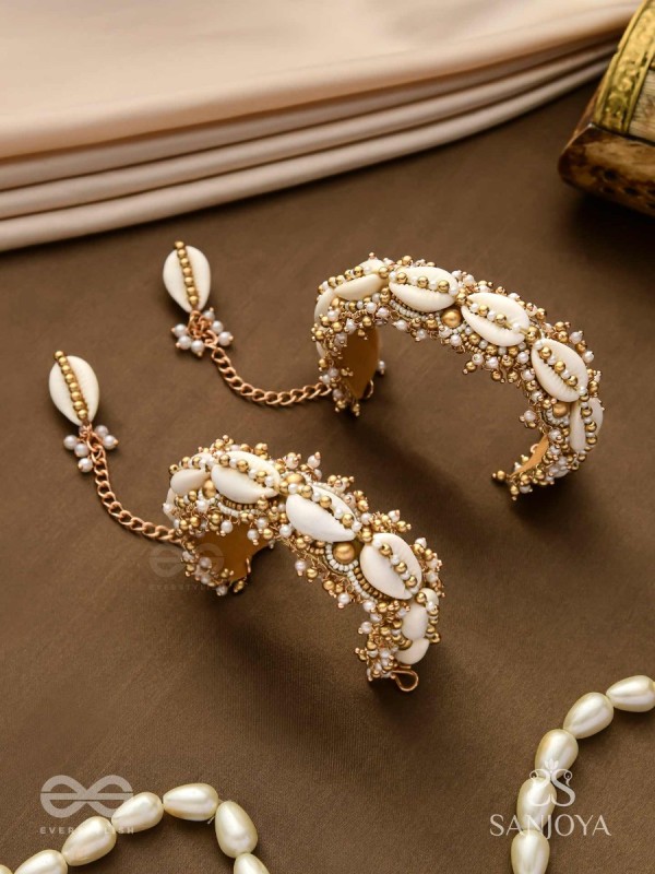 Arthogya  - The Marine Treasures - Shells And Beads Hand Embroidered Cuff Bracelets (Set Of 2)