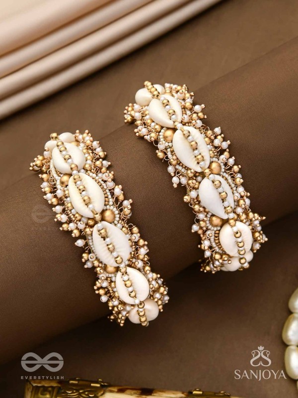 Arthogya  - The Marine Treasures - Shells And Beads Hand Embroidered Cuff Bracelets (Set Of 2)
