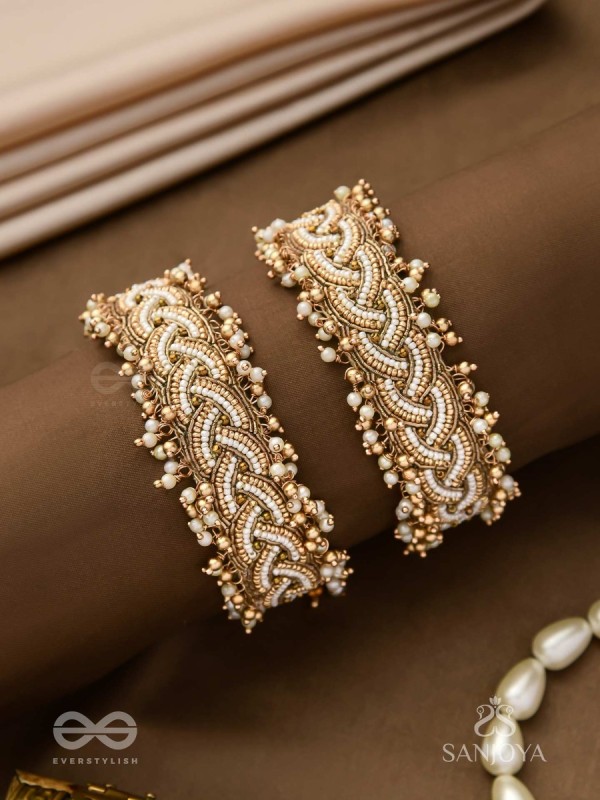 Kapardak - The Angel Braids - Beads, Shells And Glass Drops Hand Embroidered Cuff Bracelets (Set Of 2)