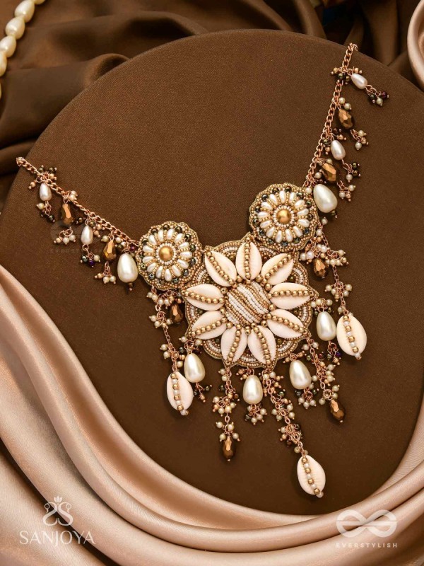 Anvadhya - The Splendid Divinity - Shells, Beads, Pearl And Glass Drops Hand Embroidered Neckpiece
