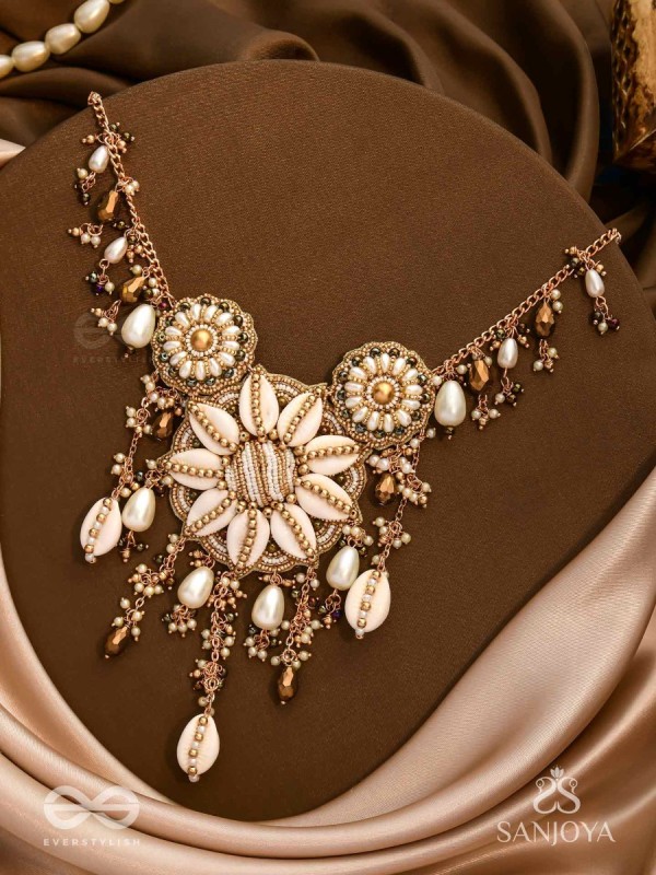 Anvadhya - The Splendid Divinity - Shells, Beads, Pearl And Glass Drops Hand Embroidered Neckpiece