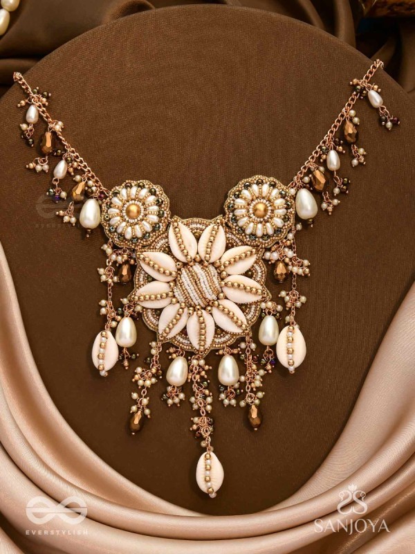 Anvadhya - The Splendid Divinity - Shells, Beads, Pearl And Glass Drops Hand Embroidered Neckpiece