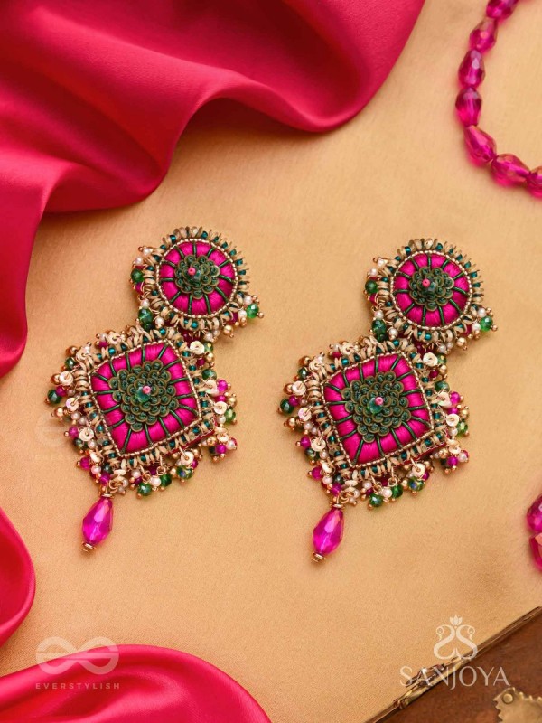 Stavak - The Dahlia Bouquet - Resham, Beads And Glass Drops Hand Embroidered Earrings