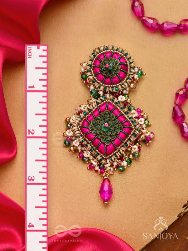 Stavak - The Dahlia Bouquet - Resham, Beads And Glass Drops Hand Embroidered Earrings