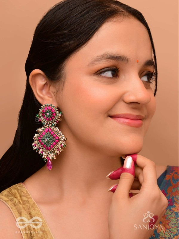 Stavak - The Dahlia Bouquet - Resham, Beads And Glass Drops Hand Embroidered Earrings